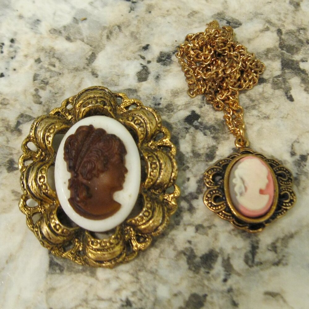 Cameo Brooch Pin And Necklace